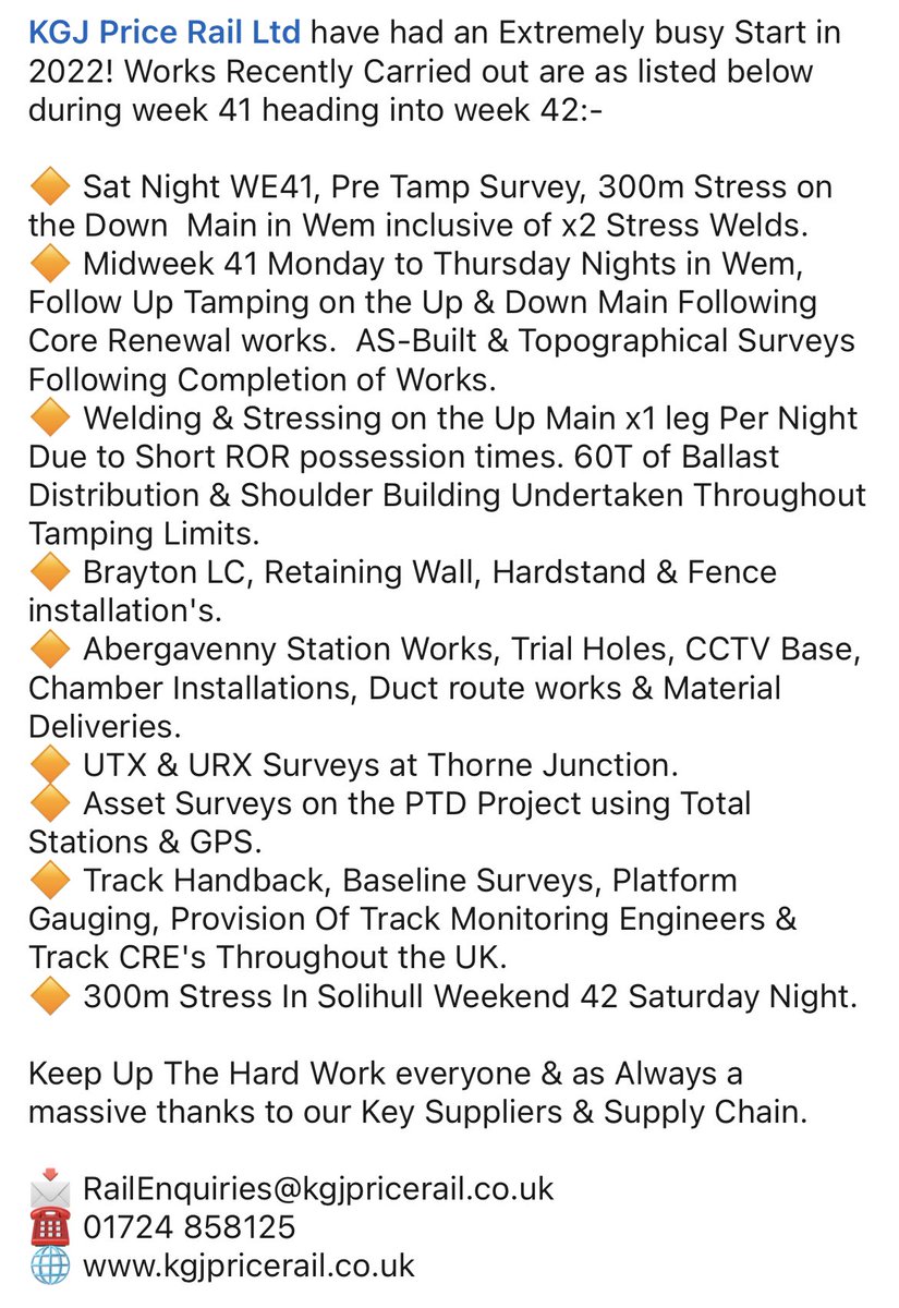 GBRPriceGroup's tweet photo. WK41- WK42- 2022
📩 RailEnquiries@kgjpricerail.co.uk
☎️ 01724 858125
🌐 https://t.co/Pk6jVidcnu

#PermanentWayWorks #AncillaryCivils #TrackMonitoring #MultiDisciplinary https://t.co/bLLkrh4sqe