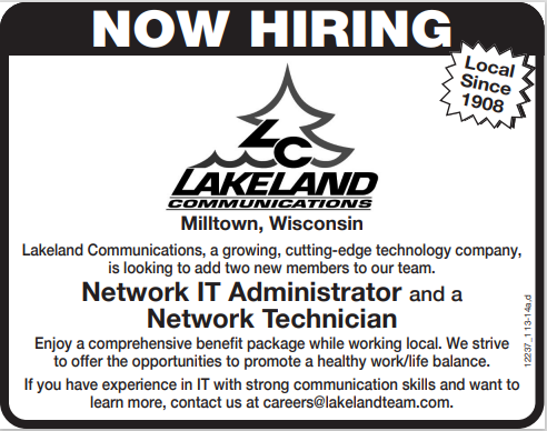 LakelandComm's tweet photo. Lakeland Communications is expanding its team! 
https://t.co/pCcG07XspI
#broadband #ITcareers #PolkCountyWIcareers https://t.co/BpyET4EKLe