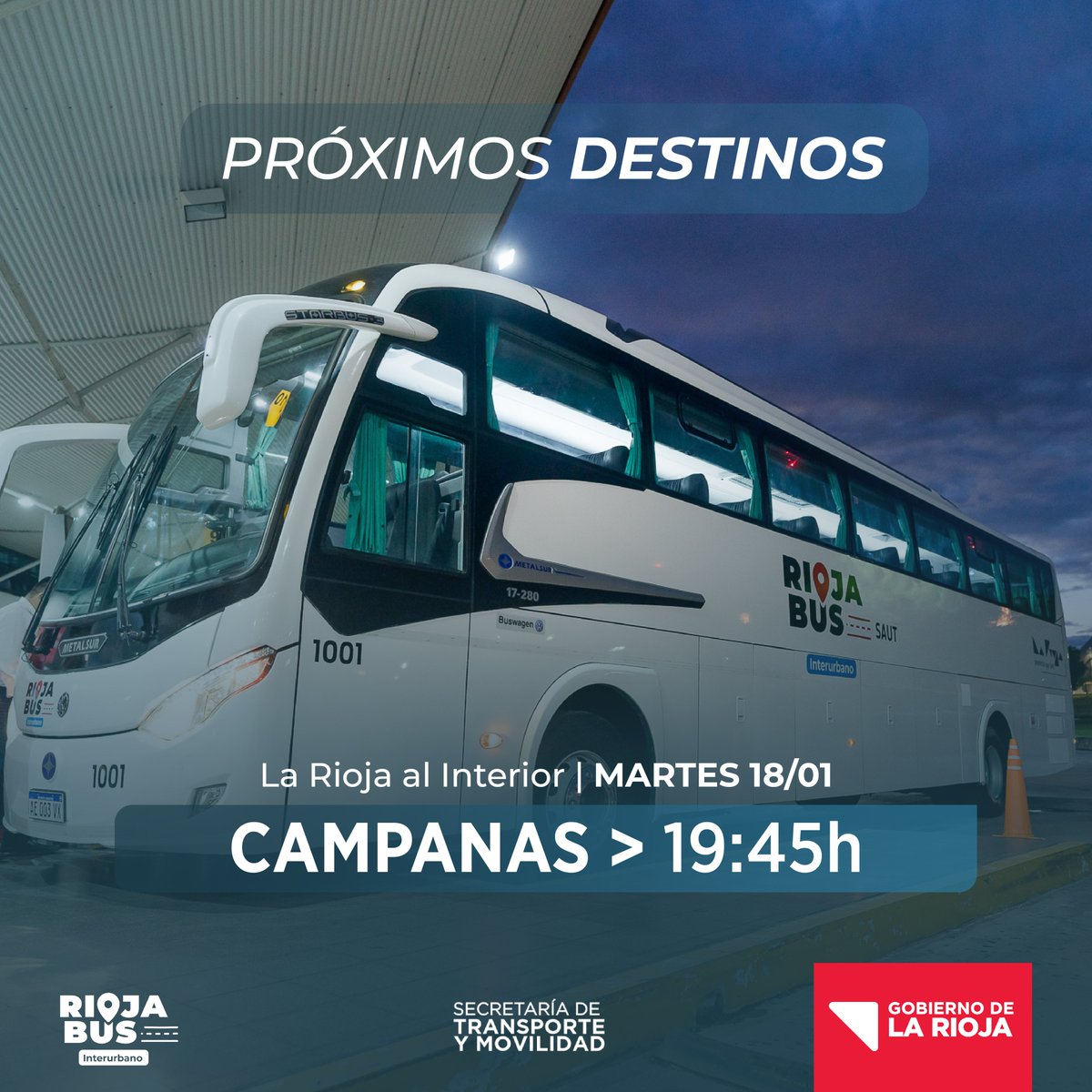 rbinterurbano's tweet photo. 📆 MARTES 18 DE ENERO

Te compartimos los destinos y horarios de nuestro servicio para mañana, desde La Rioja al interior.

👉🏻Recordá que por cualquier consulta podés comunicarte al:
📞3804 913285
📞3804 913279
📞0800 444 0353 (opción 4) https://t.co/YxyczStAj6