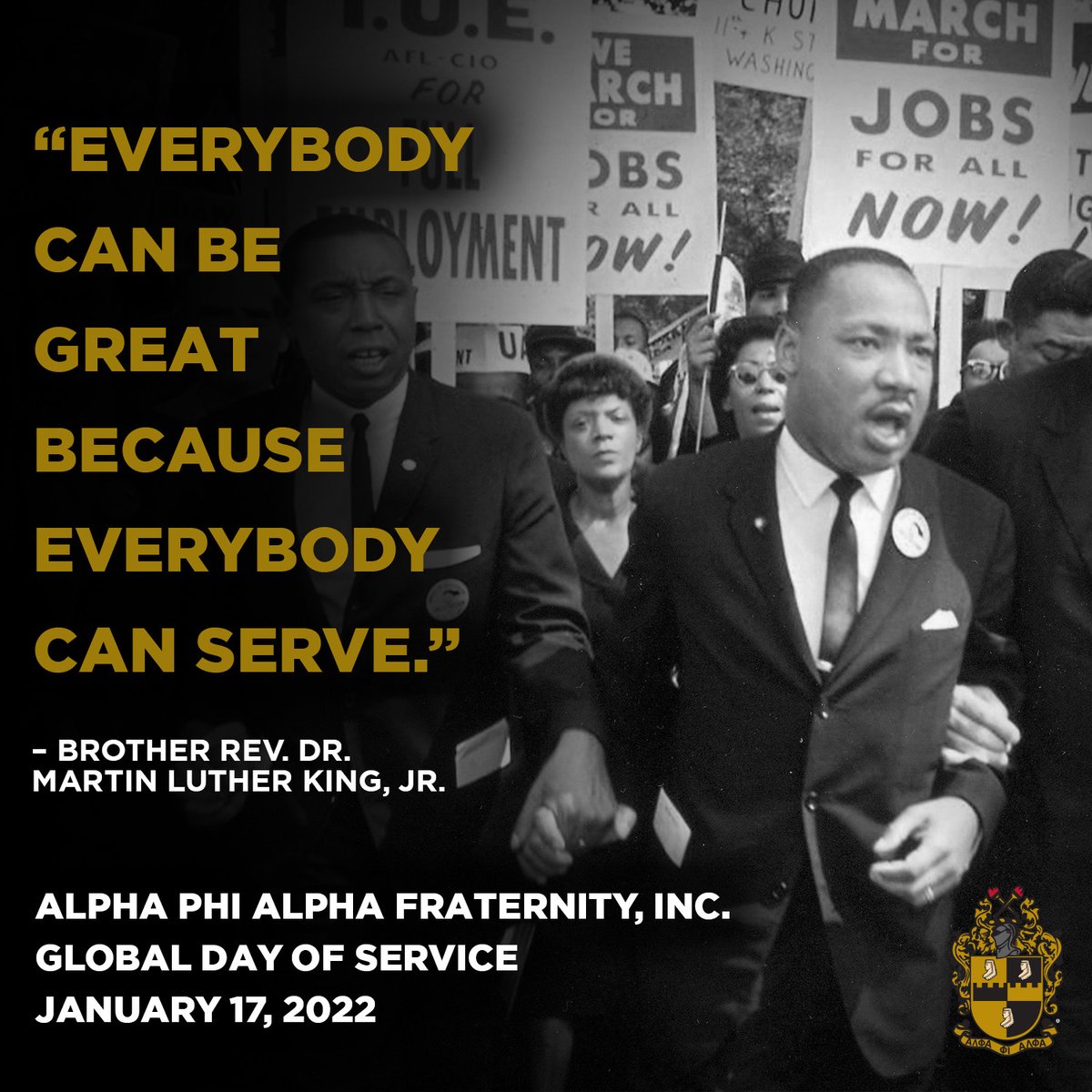Alpha Phi Alpha Fraternity, Inc. encourages every Alpha Brother in the United States and abroad to participate in our Global Day of Service and make an impact in their community on today, Monday, January 17!

Please share.

#APA1906Network #MenOfDisitinction #AlphaServes2022