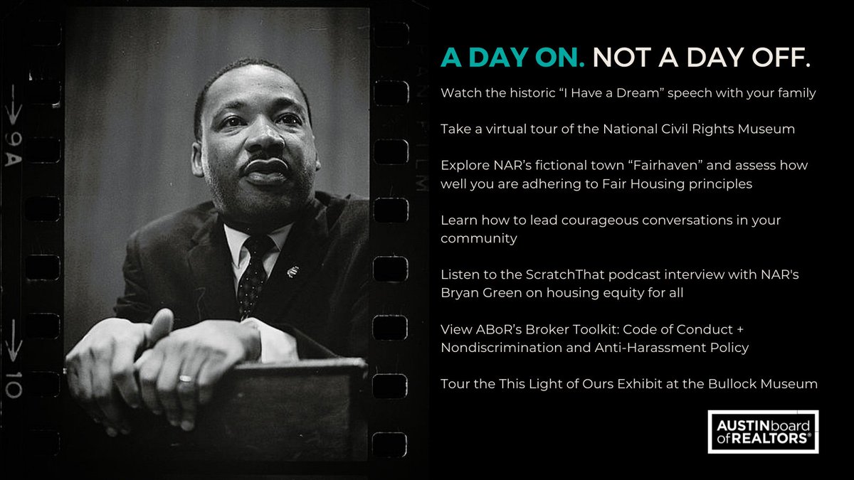 ABoR_REALTORS's tweet photo. Today, we honor Dr. Martin Luther King Jr., who dedicated his life to boldly calling out injustice &amp; championing equity for all–regardless of the differences between us. We can all make a difference, &amp; small actions can add up in a big way. Words alone are no longer enough. 1/2 https://t.co/rN3L4LBu5R