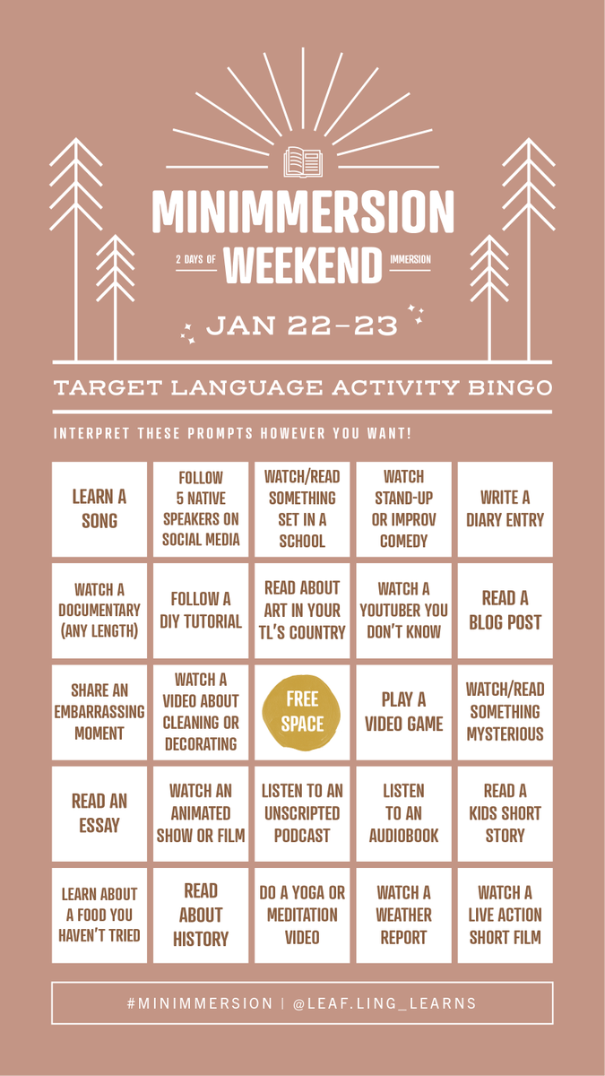 Hey #minimmersion participants! We have a BINGO BOARD to help inspire diversity in your immersion this weekend! (bingo participation is NOT required)

#langtwt