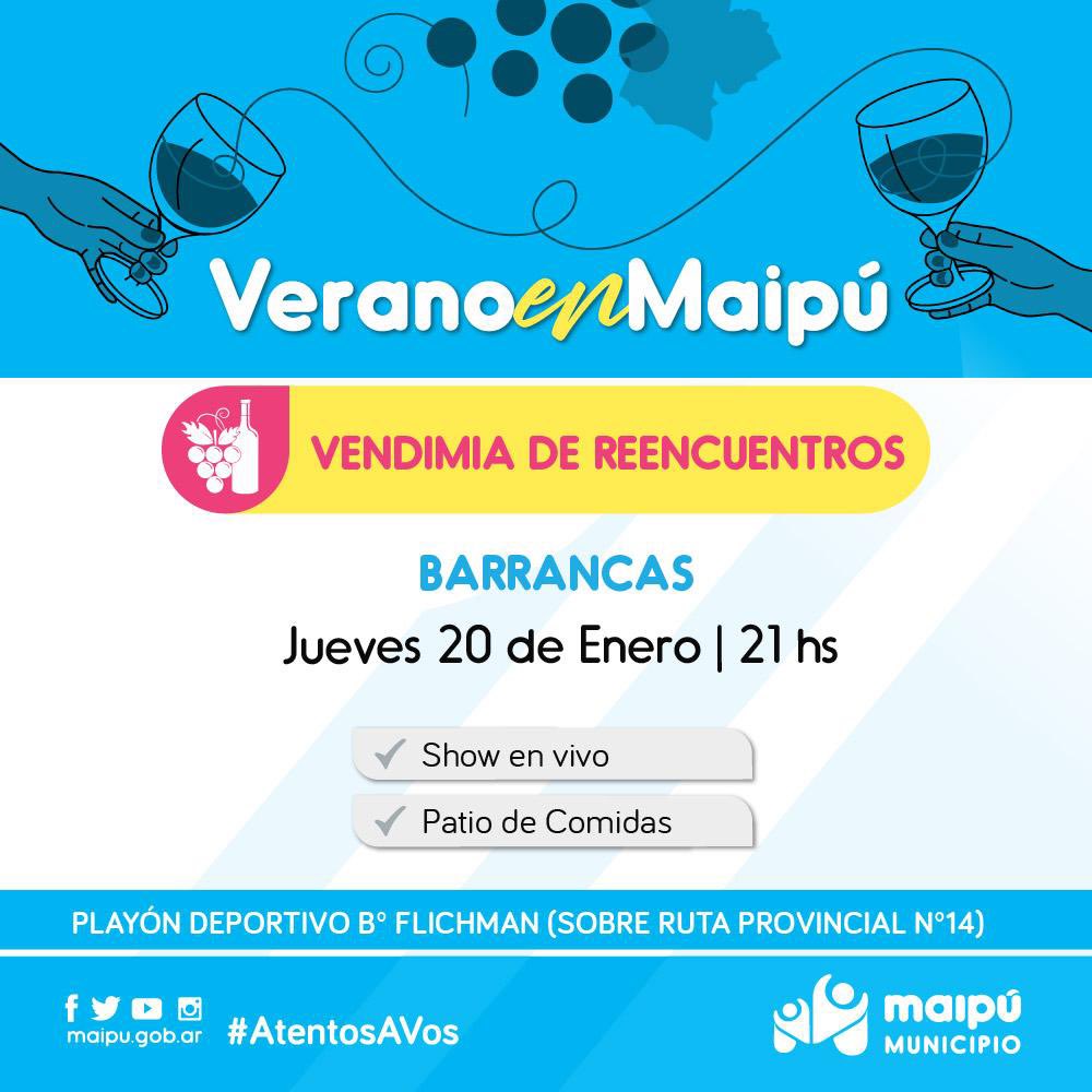 MaipuMunicipio's tweet image. 💃🏼VENDIMIA DE REENCUENTROS 🍇

✔️Comenzamos a palpitar en nuestro departamento las Fiestas Vendimiales Distritales, comenzamos este jueves 20 de enero en Barrancas, zona sur de Maipú.