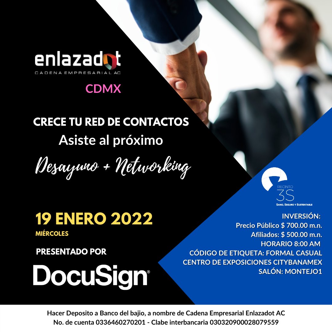 enlazadot's tweet image. Este miércoles asiste al desayuno Empresarial+Networking + CDMX el día 19 de Enero a las 8:00 horas, en el Centro Citybanamex. Informes y confirmaciones al email marcela.fuentes@enlazadot.com, cupo limitado. ¡No faltes! Presentado por #Docusing