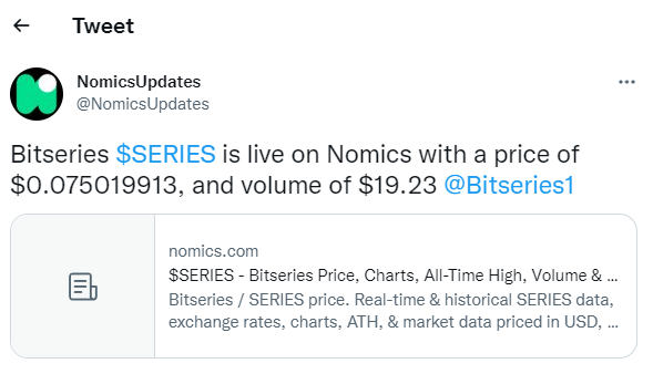 Bitseries1's tweet photo. #SERIESCoin is now live on Nomics Marketplace.

Get your SERIES 
&amp; get 5% holder prop reward on each buy/sale anywhere!!!
Hold More! Earn More!

Web: https://t.co/1XL7gm5oBu

#bitseries #bitseriesfinance #presale #presales #token #tokens #Tokenomics #TokenSale https://t.co/Txtve36hok