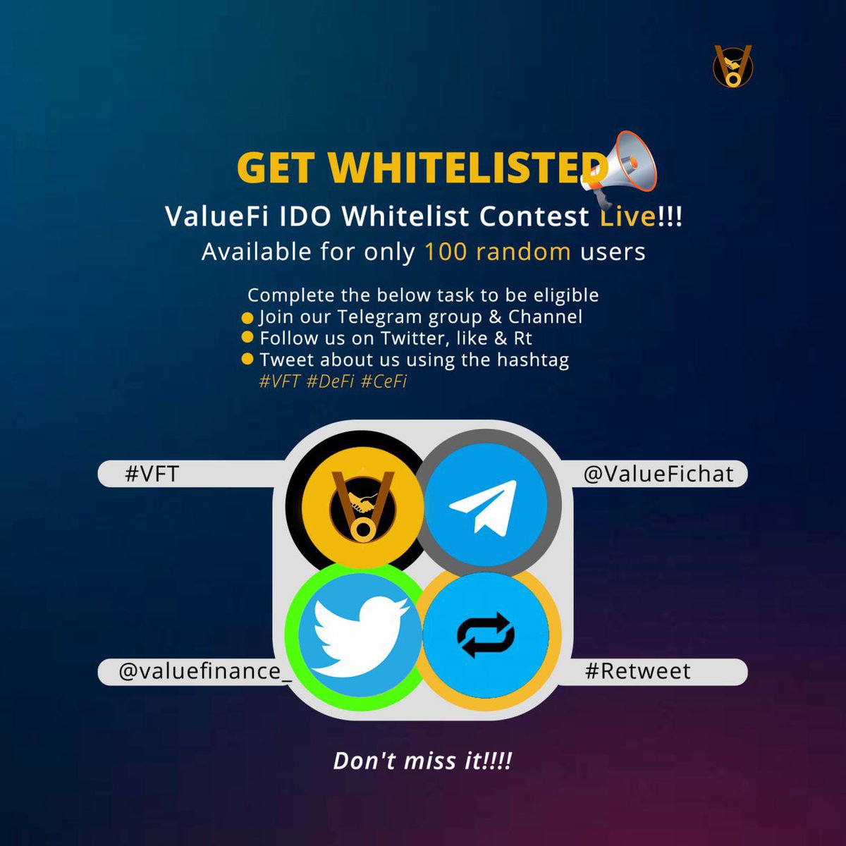 IDO Whitelist Contest Live!!! To participate in this whitelist fill the form 

docs.google.com/forms/d/e/1FAI…

- Follow us, Like Rt 
- Tag 3 friends 
-
#whitelist #VFT #AMA #100xGems #gem #Binance