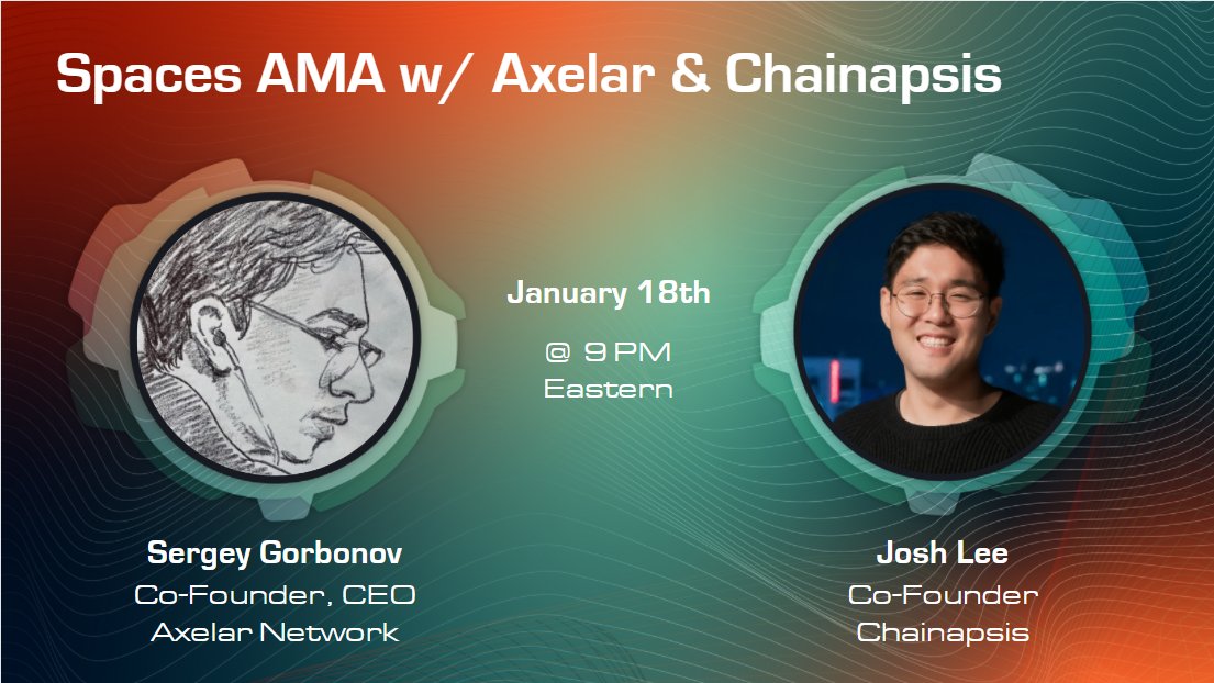 Axelar Network (@axelar) on Twitter photo Join our next Spaces AMA tomorrow at 9 PM Eastern with Axelar's <a href="/sergey_nog/">Sergey Gorbunov</a> and <a href="/dogemos/">josh lee</a> from <a href="/chainapsis/">Chainapsis (We're hiring💥)</a> / <a href="/keplrwallet/">Keplr Wallet 🔭</a> 📢🚀
Should be a good one! 🦾
x.com/i/spaces/1ZkKz…
#connectweb3 #keplrwallet Join our next Spaces AMA tomorrow at 9 PM Eastern with Axelar's <a href="/sergey_nog/">Sergey Gorbunov</a> and <a href="/dogemos/">josh lee</a> from <a href="/chainapsis/">Chainapsis (We're hiring💥)</a> / <a href="/keplrwallet/">Keplr Wallet 🔭</a> 📢🚀
Should be a good one! 🦾
x.com/i/spaces/1ZkKz…
#connectweb3 #keplrwallet