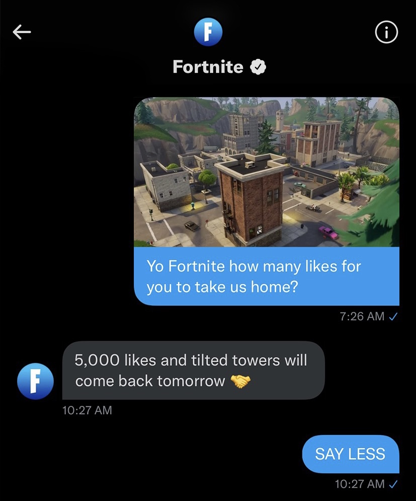 OvertimeGG's tweet photo. 5,000 likes and @FortniteGame will bring back Tilted tomorrow! 🏙️ https://t.co/P5qqiuOnXX