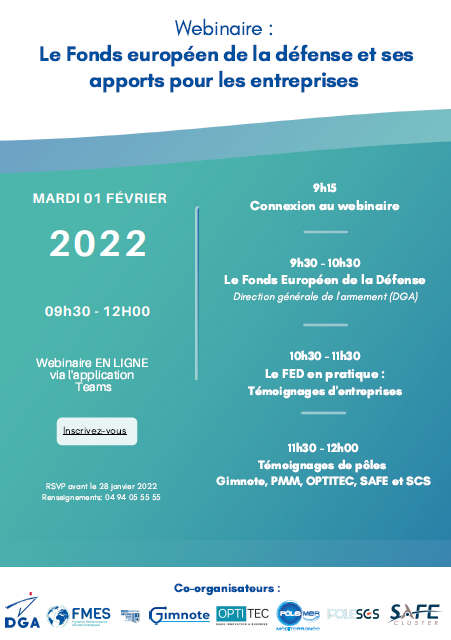 Safe_Cluster's tweet photo. 📢Participez au webinaire sur le Fonds européen de la défense le 1 fev : https://t.co/1zb0JFDpS6
Avec @DGA @InstitutFMES @MaRegionSud #Gimnote @Safe_Cluster @Pole_OPTITEC @Pole_SCS @PoleMerMed https://t.co/mKuGttwq8C