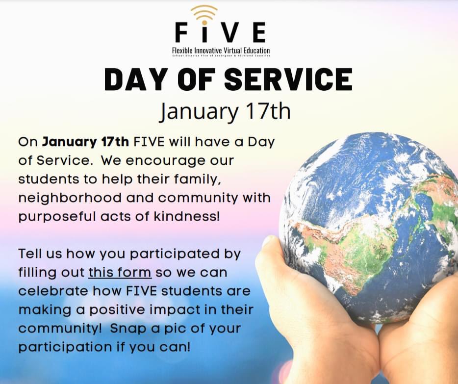 #FIVEinLexRich5 wants to remind our students that while they enjoy the day off of school to please participate and share how you’ve made a positive impact around you with our Day of Service! Here’s the link: docs.google.com/forms/d/e/1FAI…