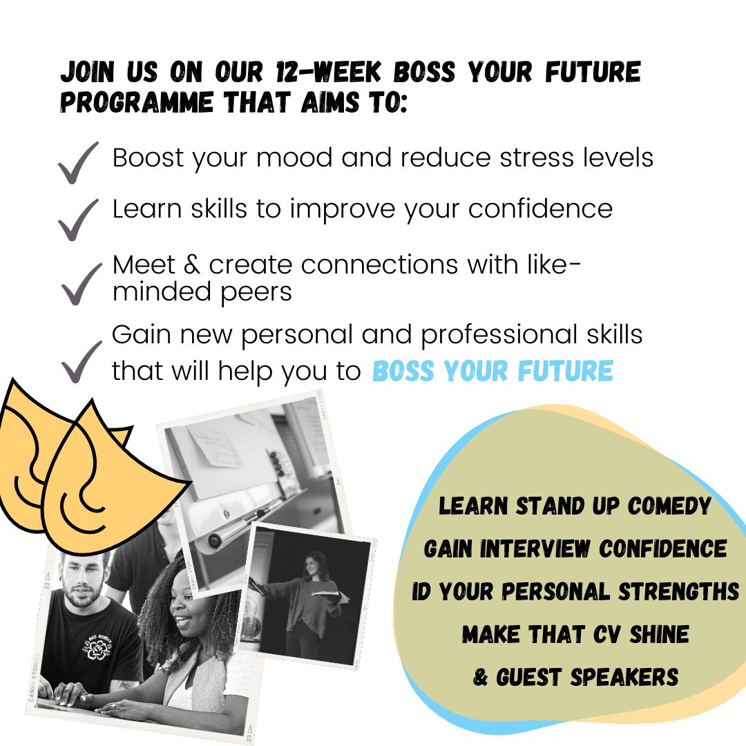 TheComedyTrust's tweet image. There's still time to sign up to our Boss Your Future employability programme with a twist! If you're aged 16 - 30, not in education and / or employment and looking to boost your mood, confidence and skills get in touch today! DM or email us👉 info@thecomedytrust.com