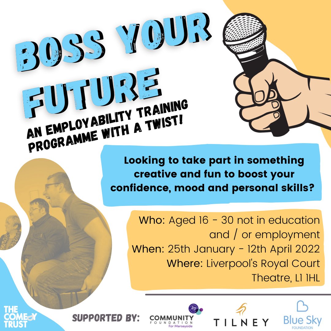 TheComedyTrust's tweet image. There's still time to sign up to our Boss Your Future employability programme with a twist! If you're aged 16 - 30, not in education and / or employment and looking to boost your mood, confidence and skills get in touch today! DM or email us👉 info@thecomedytrust.com