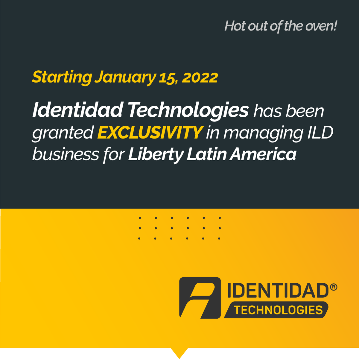 IdentidadFund's tweet photo. We proudly announce that as of 01/15/22 Identidad Tech will exclusively manage ILD traffic for @libertylatam. More info: https://t.co/m5VGfe7O1F https://t.co/Njt6l9QKQf