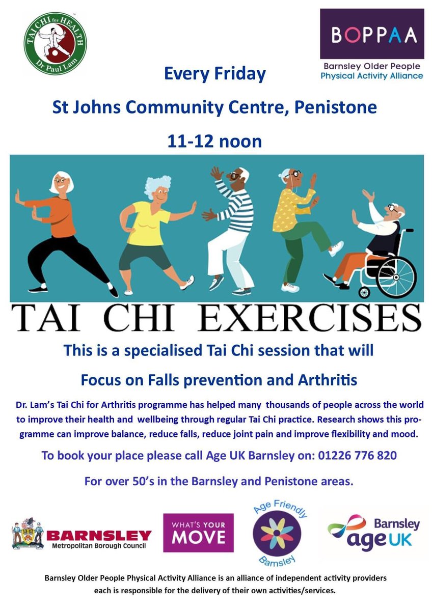 TAI CHI is back! Places available at Penistone and Cudworth - see posters below for details.
Contact us on 01226 776820 for more information and to book your place.
#agefriendlybarnsley #fallproofbarnsley #boppaa
@PenistoneAreaTeam @NEBarnsley