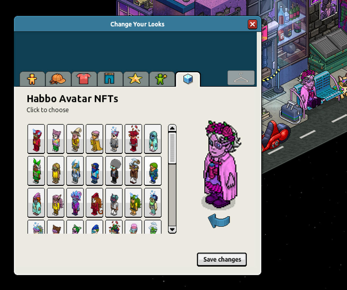 HabboPTBR's tweet photo. A versão 1.0.13 do Habbo Clássico já está disponível!

Inclui:

🔘 Capacidade de selecionar o visual NFT desejado (ver imagem).
🔘 Suporte para os Blocos Brancos do Clube do Arquiteto.
🔘 Melhora no funcionamento do zoom out. https://t.co/nM7XbHv4QW