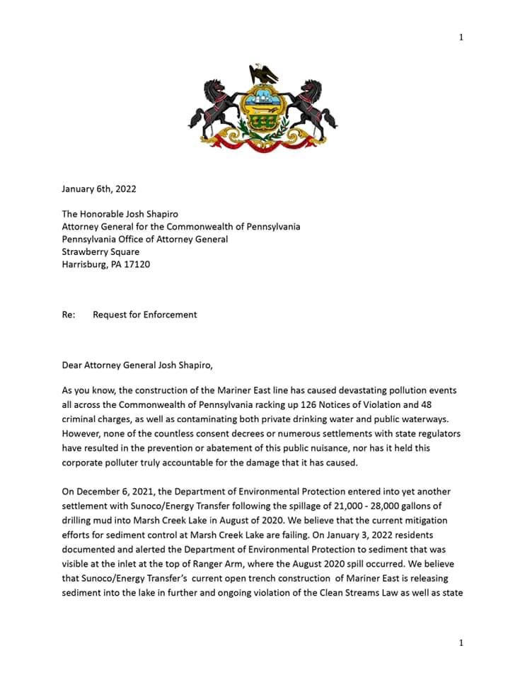 Iamfluid's tweet photo. On Jan6th, @SenatorMuth @RepDanielle @RepHerrin in the spirit of true public service & environmental protection, sent @PAAttorneyGen a letter requesting him to invoke his authority under the clean streams laws. #InjunctionNow and file a #PublicNuisance lawsuit against $ET ..AND… https://t.co/cKhUeuSa9l
