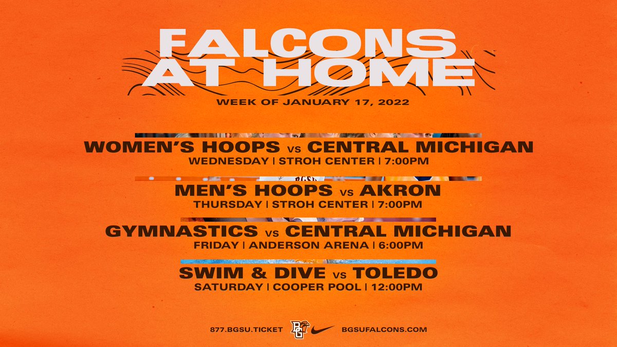 BGSU_Athletics's tweet photo. 𝙁𝘼𝙇𝘾𝙊𝙉𝙎 𝘼𝙏 𝙃𝙊𝙈𝙀
Week of Jan. 17, 2022
Wed: @BGSUwbb vs. CMU  | 7pm 
Thur: @BGSUMHoops vs. Akron | 7pm
Fri: @bgsuwgym vs. CMU | 6pm 
Sat: @FalconSwimDive vs. Toledo | 12pm

🎟️: https://t.co/JPEeDfjzQ8
😷: Masks required https://t.co/iLno8wXheP
