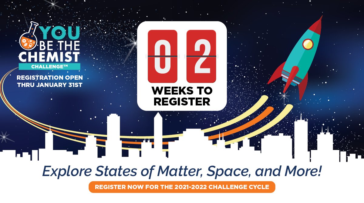 Hello, teachers and parents! 5th-8th grade students are invited to participate in the free, virtual #YouBeTheChemist Challenge, an exciting competition where teams explore #chemistry and #science concepts!  Registration closes January 31! chemed.org/programs/chall…