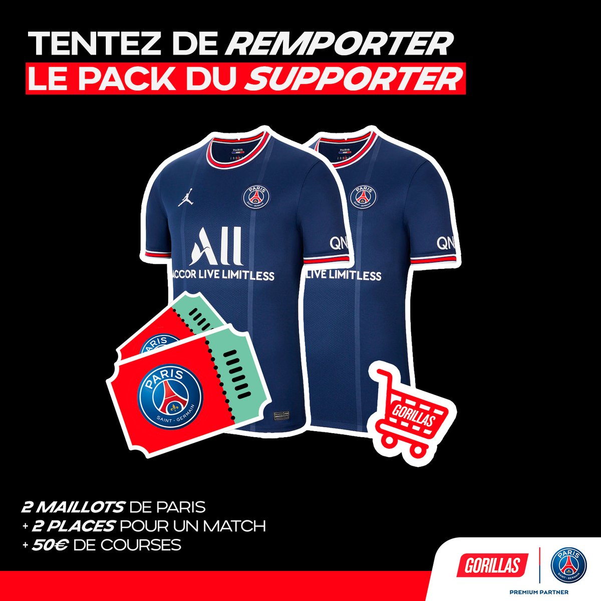 gorillasapp_fr's tweet image. On est repartis pour un tour : on vous fait gagner 2 maillots du Paris Saint-Germain, 2 places pour le match PSG-Reims du 23 janvier et un panier Gorillas d'une valeur de 50€ 🔥

Pour participer : RT ce tweet + follow 
@gorillasapp_fr

Tirage au sort vendredi 21/01