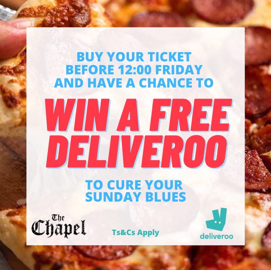 🍕 WIN A FREE DELIVEROO TO CURE YOUR SUNDAY BLUES 🍔 

Buy your Deja-Vu ticket before midday Friday and enter the draw to win £30 Deliveroo voucher. 

🎟 Ticket link: fatsoma.com/e/qec1m2tr/dej…

*Ts&amp;Cs apply