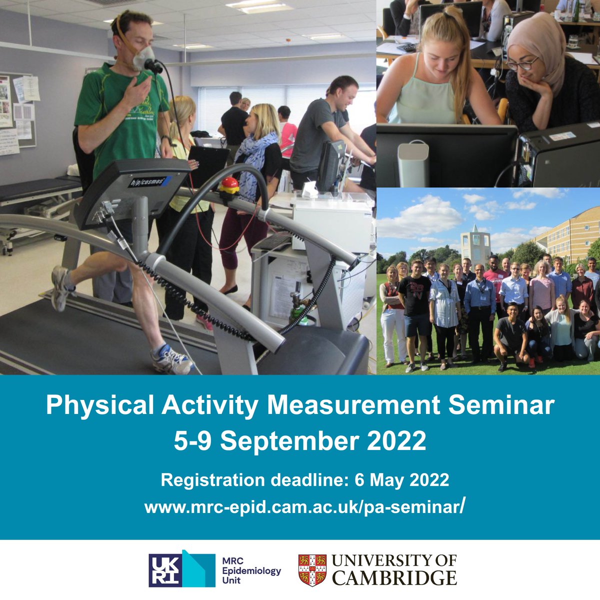 MRC Epidemiology Unit (@mrc_epid) on Twitter photo Interested in measuring physical activity in epidemiological settings?
Applications are open for the 2022 Physical Activity Measurement Seminar, an intensive residential course <a href="/mollerinstitute/">Møller Institute</a>, 5-9 Sept.
📆Deadline: 6 May 2022
More info & application: mrc-epid.cam.ac.uk/pa-seminar/ Interested in measuring physical activity in epidemiological settings?
Applications are open for the 2022 Physical Activity Measurement Seminar, an intensive residential course <a href="/mollerinstitute/">Møller Institute</a>, 5-9 Sept.
📆Deadline: 6 May 2022
More info & application: mrc-epid.cam.ac.uk/pa-seminar/