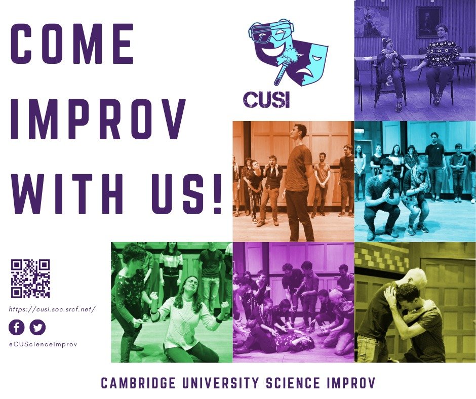 A new year means a new opportunity to get involved with our community!

Whether you're a seasoned improviser or just curious to see what it's all about, we'd love to see you at one of our events!!🎭

More info: cusi.soc.srcf.net

#improv #cambridge #scicomm #cambridgeimprov