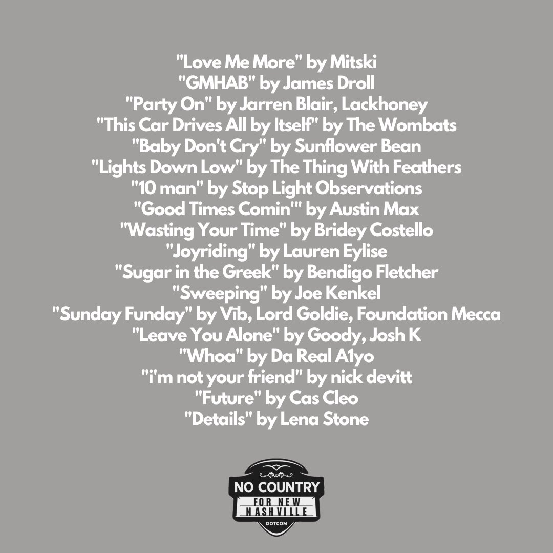🙏🏽RT <a href="/NoCountryNash/">No Country For New Nashville</a>: .<a href="/mitskileaks/">mitski</a> is based out of Nashville now &amp; on the cover of this week’s Spotify playlist! Feat. local &amp; touring artists like @jamesdroll @lackhoney <a href="/jarrenblair/">jarren</a> <a href="/thewombats/">The WOMBATS</a> <a href="/CasCleo/">Cas Cleo 🌙</a> <a href="/stoplightobs/">SLO</a> &amp; more 

🎧 spoti.fi/3aq79EP