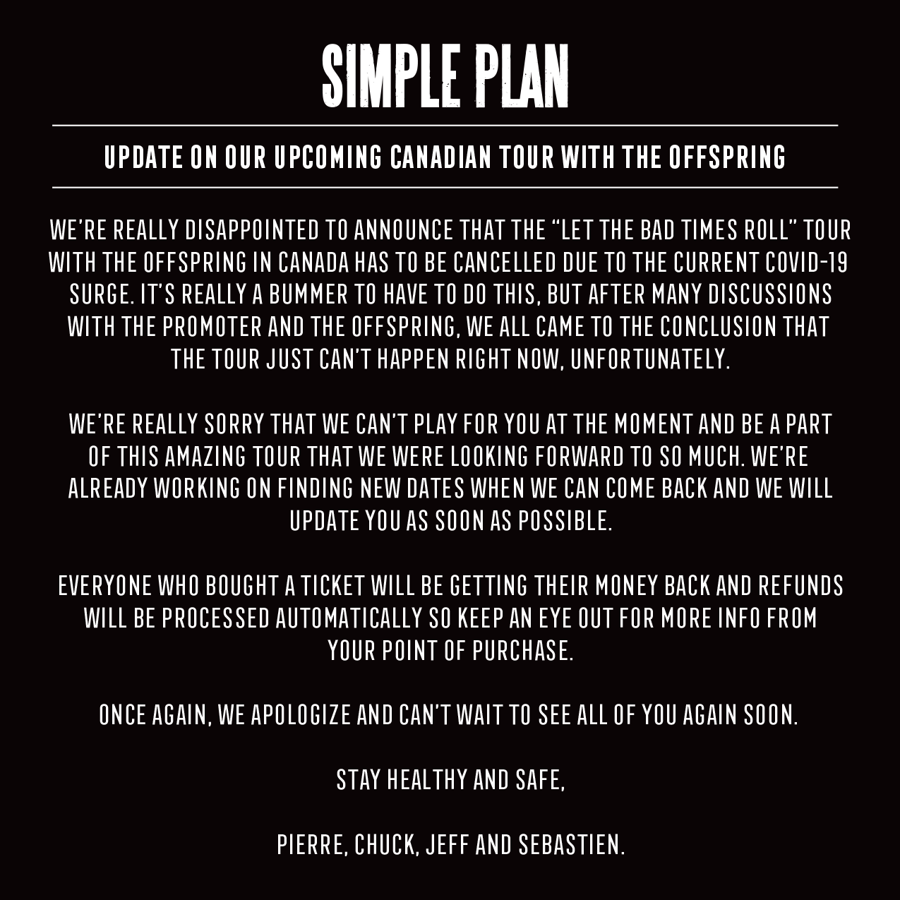Simple Plan Announcement Regarding The Upcoming Let The Bad Times Roll Canadian Tour With The Offspring Annonce Au Sujet De La Tournee Canadienne Let The Bad Times Roll Avec The Simple Plan Announcement Regarding The Upcoming Let The Bad Times Roll Canadian Tour With The Offspring Annonce Au Sujet De La Tournee Canadienne Let The Bad Times Roll Avec The