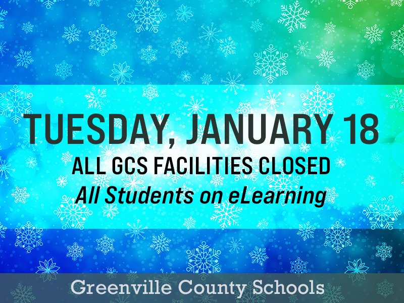 gcschools's tweet photo. Due to unsafe travel conditions/forecasts for extremely low temperatures, all GCS schools will have an eLearning day tomorrow. Schools and office buildings will be closed; all activities (athletic events, field trips) canceled. More: https://t.co/DpYcSAJOX7 https://t.co/3YTCliqRyP