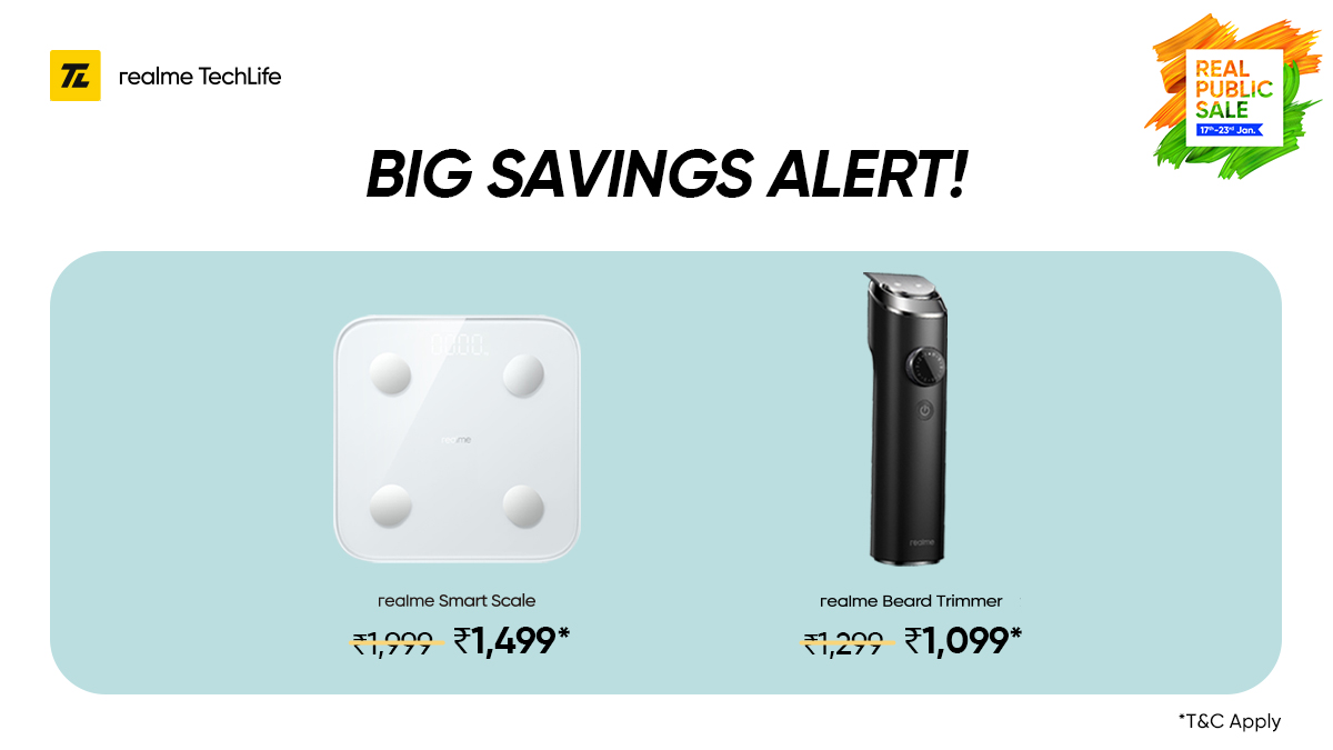 realmenarzoIN's tweet photo. Save to your heart’s desire with incredible offers at the #realPublicSale!
Rush now to get the #realmeSmartScale & #realmeBeardTrimmer at real-ly special prices*.
*T&C Apply
Head here: https://t.co/DYMJSQaJOa https://t.co/YpeKeFU1Xa