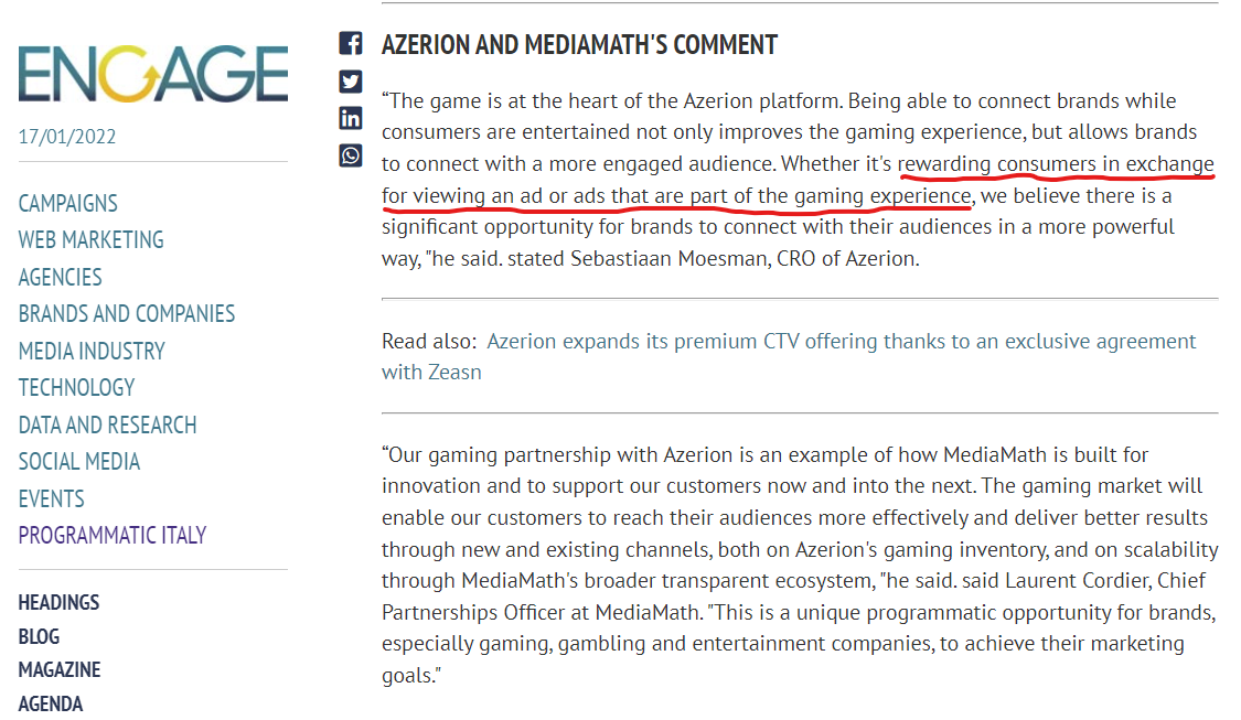 iMuesliBrown's tweet image. &quot;Rewarding consumers in exchange for viewing an ad or ads that are part of the #gaming experience&quot; ... @WeAreAzerion @mediamath #mediamath.  Now who serves up in game #advertising and just signed with #Azerion 🤔👀👇 @bidstack #bidstack #bids  #Marketing