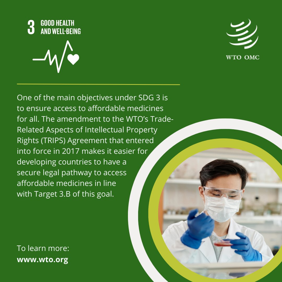 #DYK that the amendment to the WTO's #TRIPS Agreement that entered into force in 2017 aims to facilitate developing countries' access to affordable, essential medicines in line with Target 3.B of #SDG3? More about trade &amp; health bit.ly/3qBfmyu  #GlobalGoals #UNxExpo