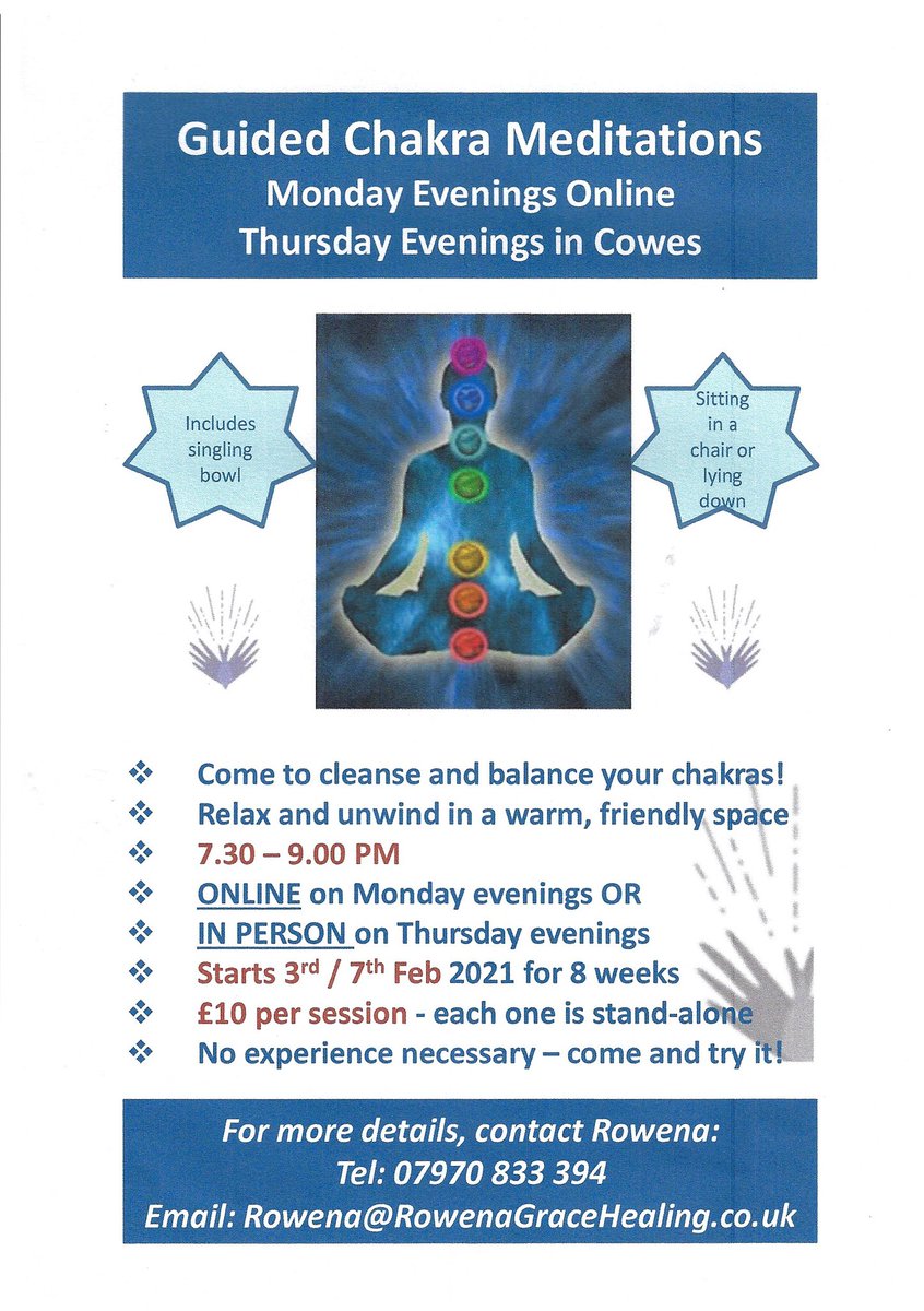 RowenaGHealing's tweet photo. Guided chakra meditations online. Back by popular demand! Monday 7th Feb for 8 weeks. What do you need to clear? #chakra #meditation #supermellow https://t.co/CKuAe54CM7