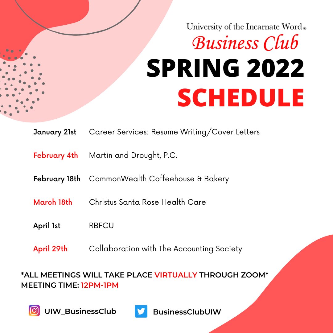 BusinessClubUIW's tweet photo. Spring 2022 Business Club Meeting Schedule 🙌

📅 Meetings start January 21st
⏰ Meeting Time: 12pm-1pm
📍 All meetings will be held virtually through zoom

We look forward to seeing our amazing members and speakers! Let’s have a great semester! 🎉😊 https://t.co/N50VP2mVnd
