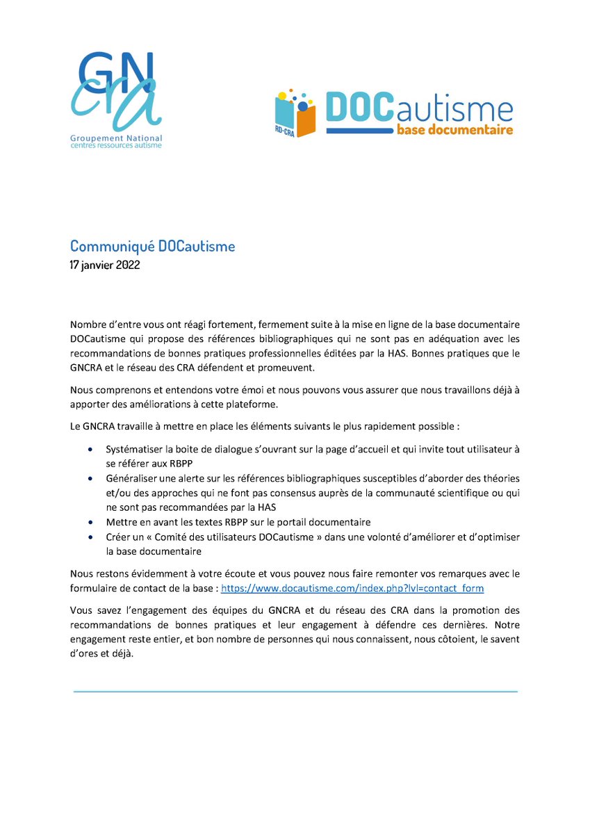 Suites aux réactions à la mise en ligne de la base documentaire DOCautisme, retrouvez le communiqué du GNCRA
👉 ow.ly/f5rt50Hw8PA
Nous restons à votre écoute
