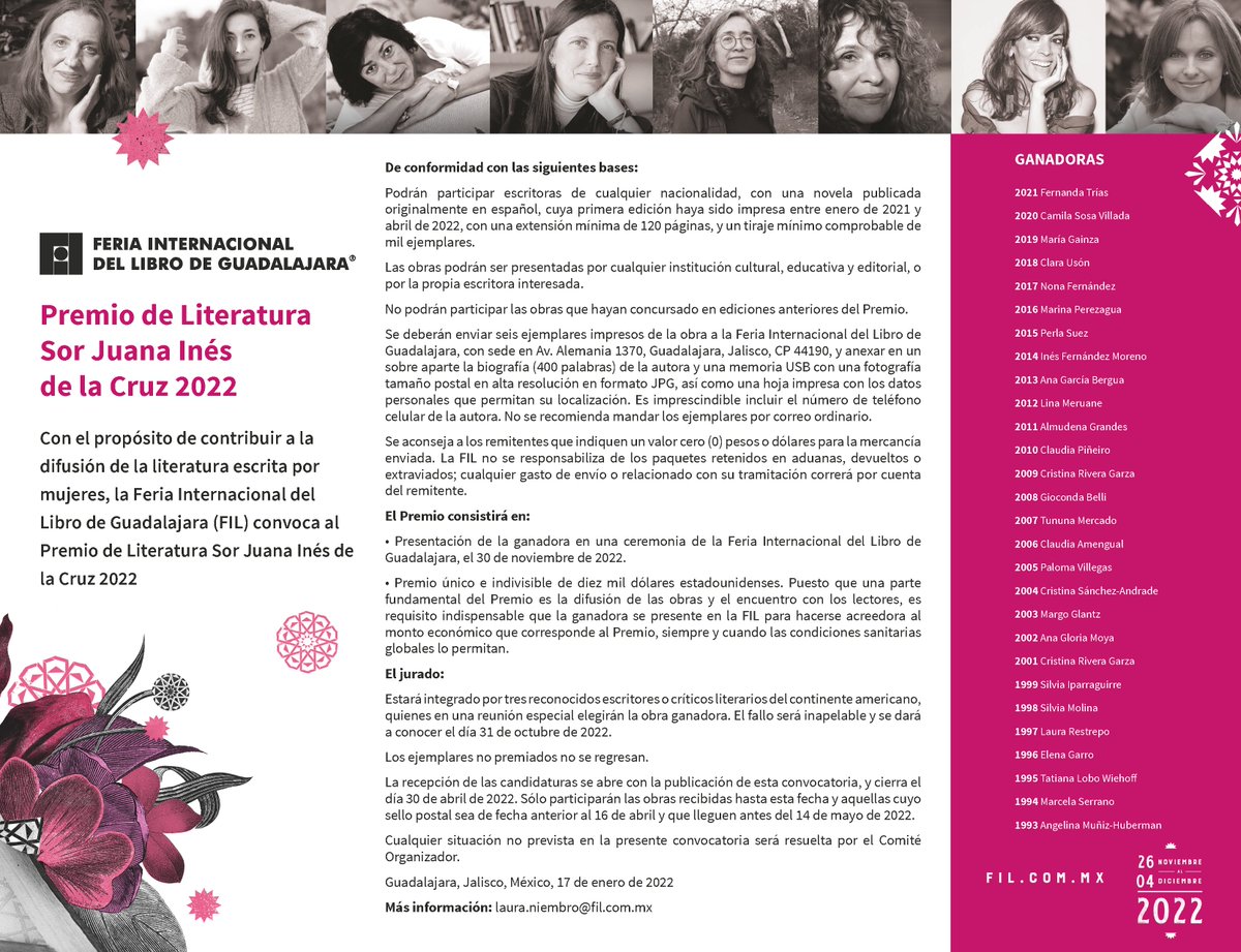 FILGuadalajara's tweet photo. 📖 A partir de hoy se abre la convocatoria para el Premio de Literatura Sor Juana Inés de la Cruz 2022. https://t.co/32ieGToLCs