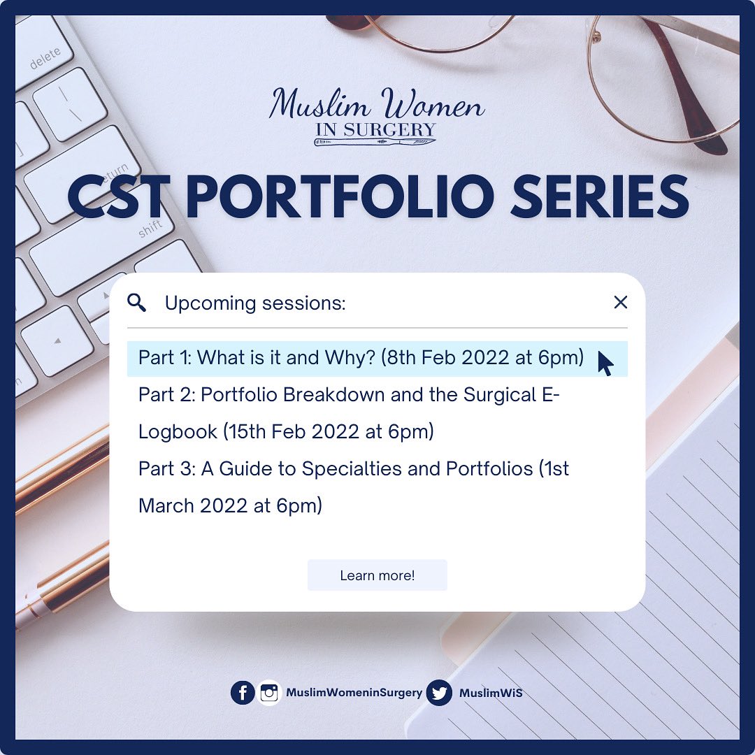 📚CST Portfolio: A 3-Part Series📚

Muslim Women in Surgery are running a series of events regarding the Core Surgical Training portfolio. You do not want to miss it!!

Part 1: What is it and Why? is happening on the 8th of February at 6:00pm. 

Sign up details are on our bio 💙