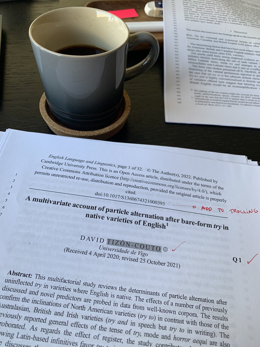 tizoncouto's tweet photo. Coffee + proofs of my first solo paper in ELL, which will be OA thanks to agreement between @uvigo / @CISUG_GAL and @CambUP_LangLing. Data and code will be available @TROLLingRepo https://t.co/nOZg2o8CwD