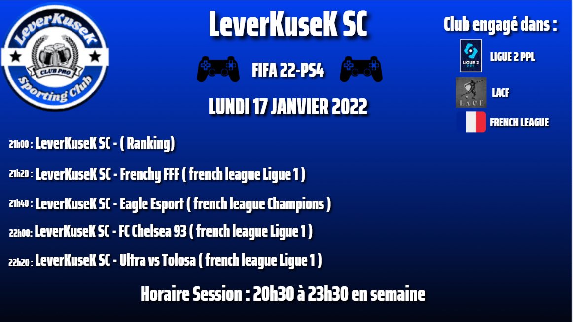Début de semaine avec 4 gros match ce soir et pk pas les  victoires avec 
Bonne session a nos gars et au adversaire 
<a href="/valdanouxXx/">Valdoche</a>