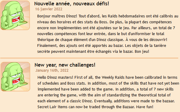 MAJ sur Neoparc !
Calibrage des raids, nouvelles compétences, changement au bazar !

Update in Neoparc ! 
Raids update, new skills, change to the bazaar!

neoparc.eternal-twin.net

#eternaltwin #dinoparc <a href="/motiontwin/">Motion Twin - WINDBLOWN now in Early Access!</a> <a href="/CarduusHimself/">Carduus</a>