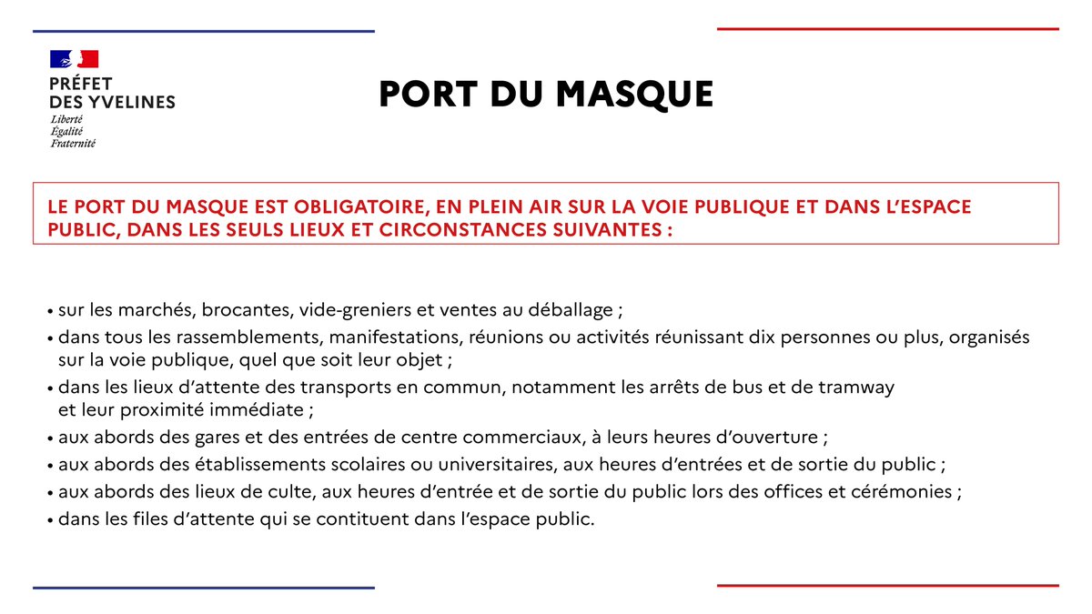 #COVID19  #Yvelines
ℹ️ Le port du masque est obligatoire, en plein air et dans l'espace public, dans les seuls lieux et circonstances suivantes 👇

➡️ Consultez le communiqué de presse et l'arrêté préfectoral : yvelines.gouv.fr/Actualites/Com…