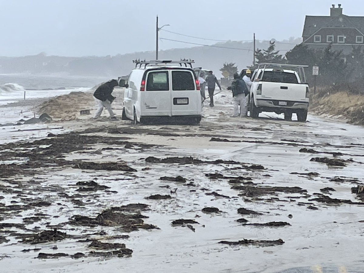 WX1BOX's tweet photo. KC1ELB-Mel Trott - Falmouth, MA - Surf Drive - Coastal flooding and beach erosion/debris in the roadway with partial road undermining #mawx @Nocera5 @JimCantore https://t.co/Ky0BG6Ltbw