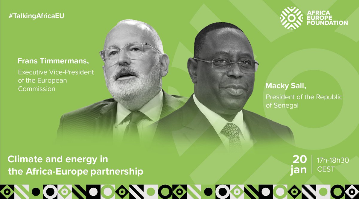 We are very honoured to announce the participation of <a href="/Macky_Sall/">Macky Sall</a> and @TimmermansEU in our first #TalkingAfricaEurope of the year!

Watch their discussion on the #climate challenges live this Thursday ➡️ bit.ly/3GBWmFL. 🌍

#ReimagineAfricaEurope #DontMissOut