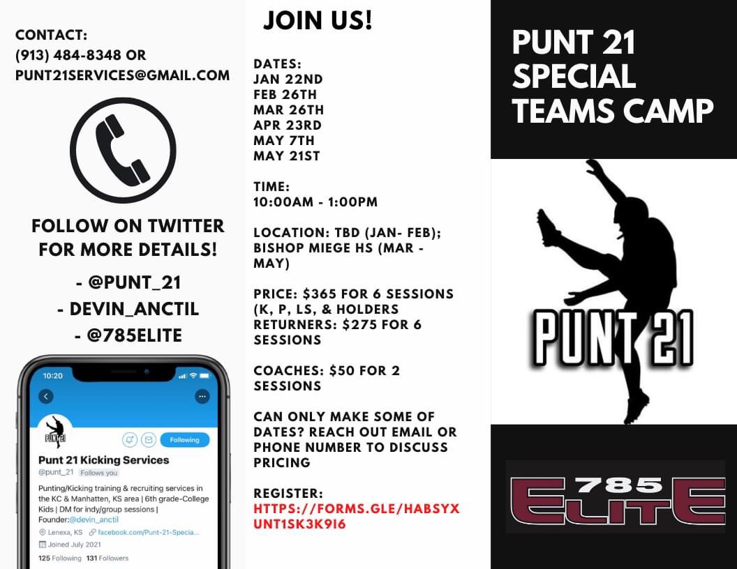 sportsinkansas's tweet photo. First date of the Punt 21 Special Teams Camp is THIS WEEKEND ❗️ 
Kickers, punters, snappers, holders, punt/kick returners, and coaches.
Multiple dates and high-level coaches to make you better!
Learn more and get signed up today at 
@punt_21 and the contact info below 🔽 https://t.co/18XK3fQ7sH
