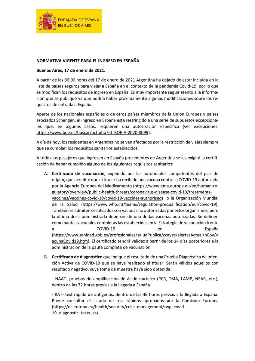 EmbEspArgentina's tweet image. A partir de hoy, Argentina ha dejado de estar incluida en la lista de países seguros, por lo que se modifican los requisitos de ingreso en España. Es muy importante seguir atento a las informaciones ya que podría haber modificaciones sobre los requisitos próximamente. Consulte: