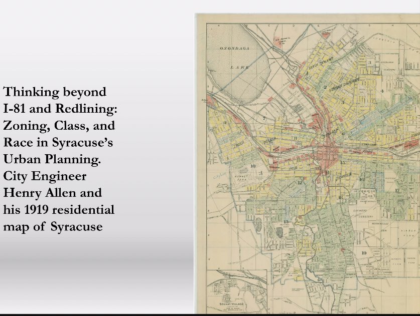 HJCUpstate's tweet photo. In Syracuse after race riots in 1919, Henry Allen made zoning maps, labeling green areas for professional men, yellow for Jewish populations, and red for Black and manufacturer populations. We can see how the zoning of the city already was being interpreted by class and race. https://t.co/AYQmC34V3h