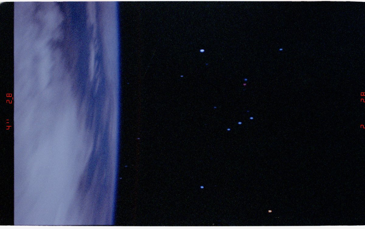 archives_space's tweet photo. Conspiracy theorists often say there are NEVER stars shown in the picture taken from space except recently because now they told that, NASA corrected the flaw.

These pics are from STS-75 in 1996. Before Internet. Take this !

UHD : https://t.co/SFRd9YZhMd https://t.co/5nMXz9QYAh