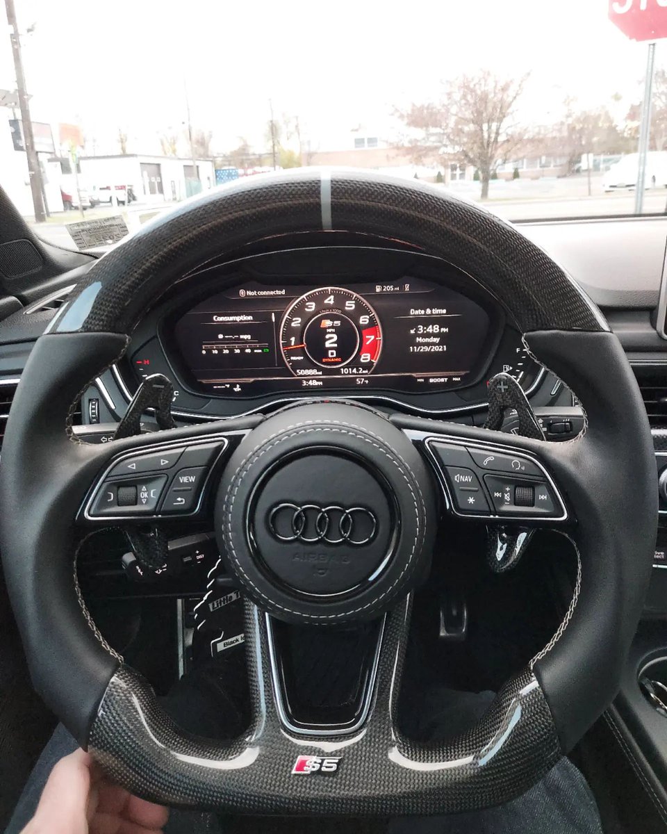 KMDTuning's tweet photo. Pretty aggressive and eye grabbing custom steering wheel on this B9 S5, ensuring the driver has plenty to grab onto when they put their foot down!
.
.
.
#KMDtuning #b9s5
#audis5 #ea839 #carbonfiber #weistecengineering #Weistec #raisetheboost #saddlebrooknj https://t.co/eFavsySDl6