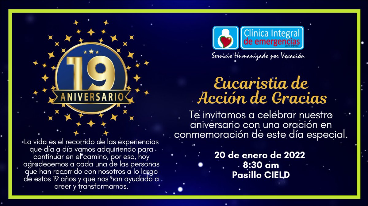 CIEValledupar's tweet photo. #19Aniversario Eucaristía de Acción de Gracias por la conmemoración de los 19 años de Fundación de nuestra institución.
▪️
📆20 de enero de 2022
🕣 8:30 am
🔻Instalaciones CIELD https://t.co/0gKSuuQMop