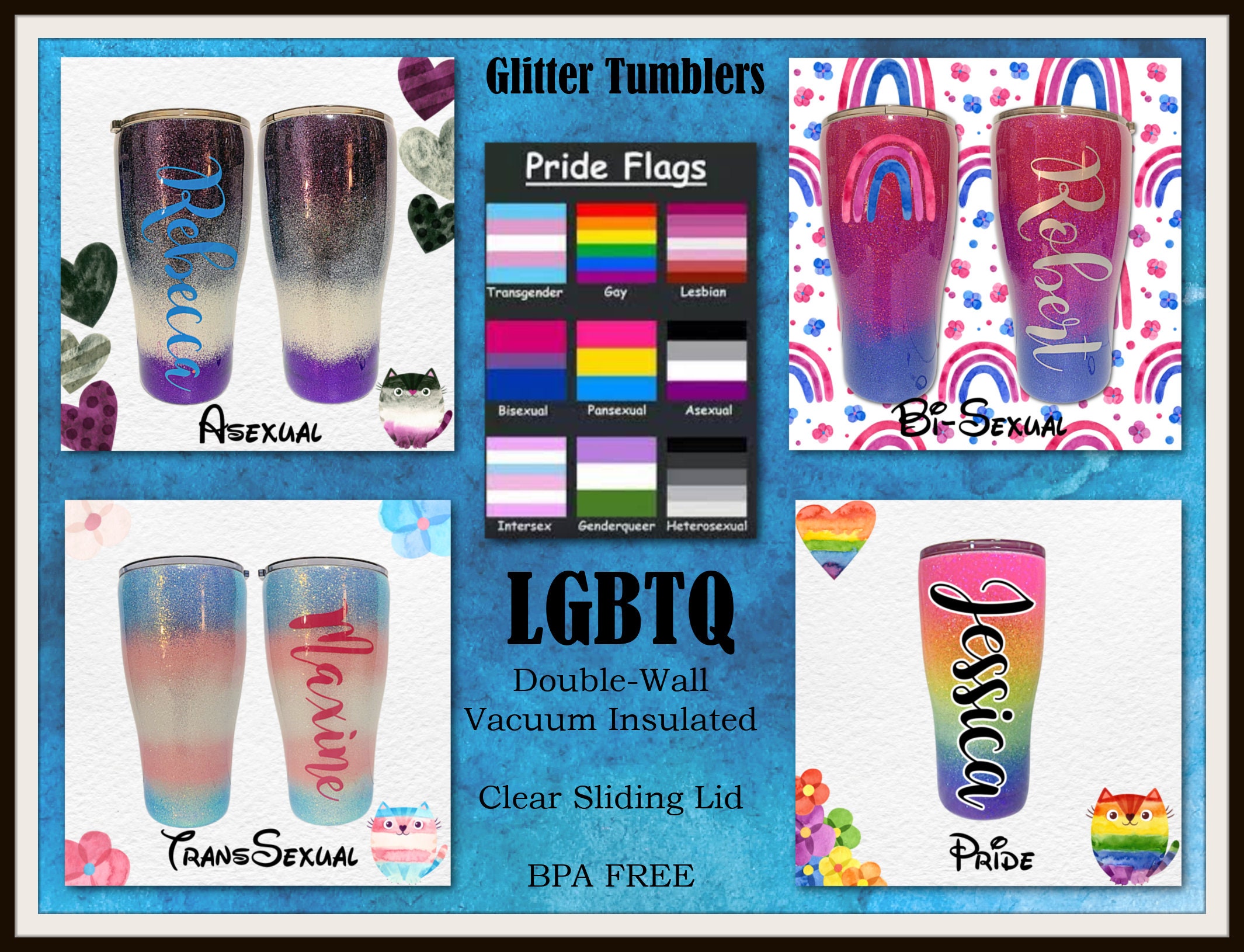 Hetrosexual Transgender Pride Flag Glitter Tumblers BiSexual Pansexual Asexual Gay Genderqueer & Intersex LGBTQ Lesbian